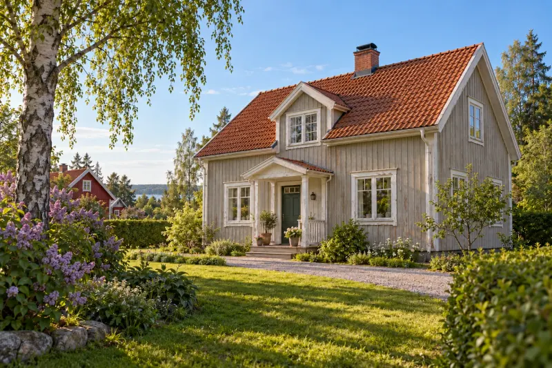 Samma illustrativa svenska villa med en sliten fasad före tänkt ommålning